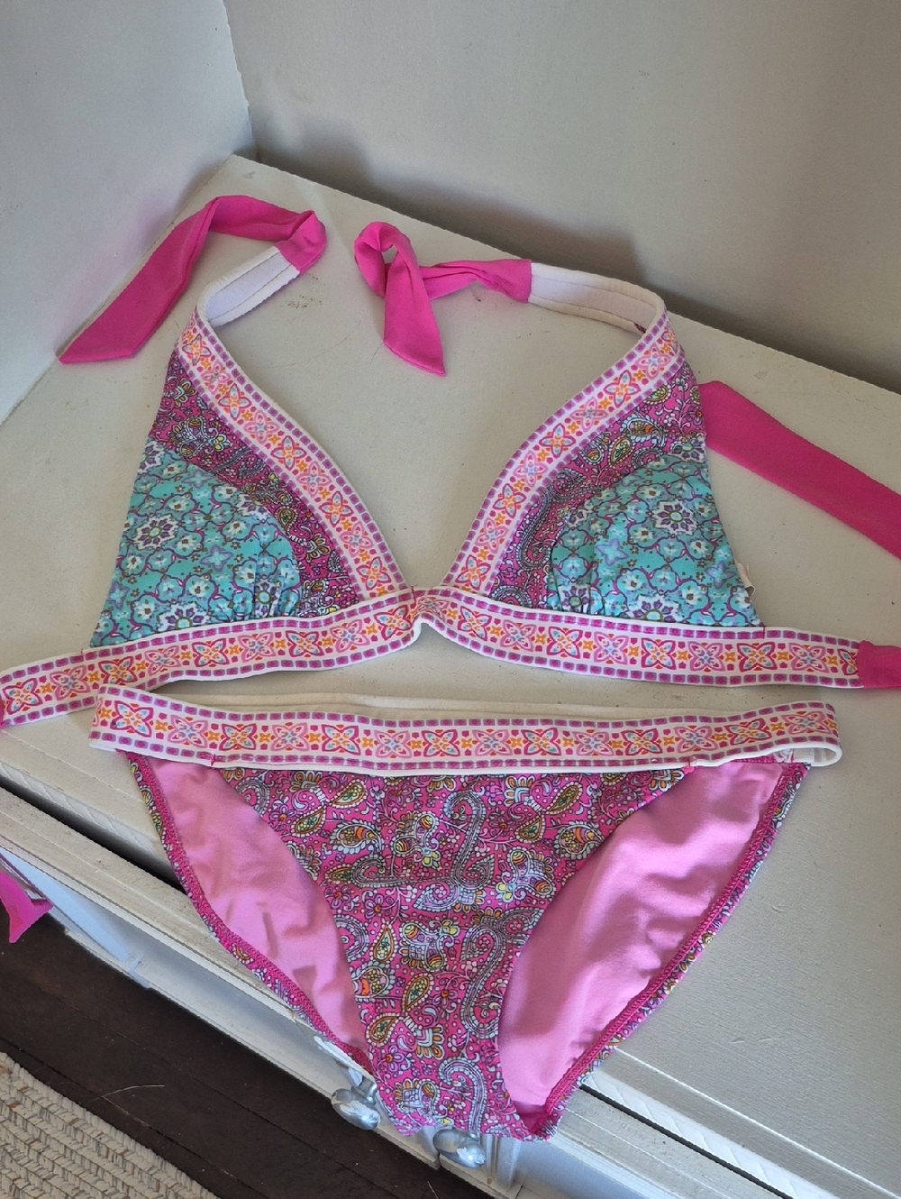 Xhilaration Pink and Aqua Paisley Swim Top